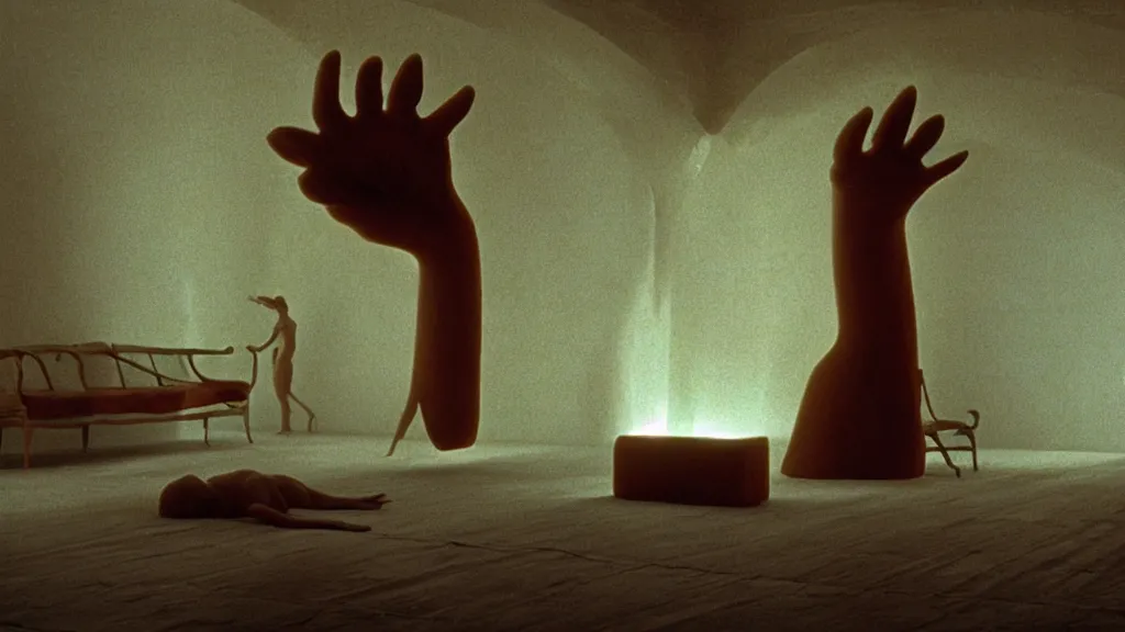 Image similar to a giant hand made of wax and water floats through the living room, film still from the movie directed by Denis Villeneuve with art direction by Zdzisław Beksiński, wide lens