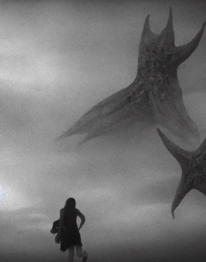 Image similar to very low - resolution found footage of a couple escaping in the city from a starfish kaiju monster, fog, foggy, korean film noir, monochrome, red hue, thriller, underdeveloped, epic, dramatic