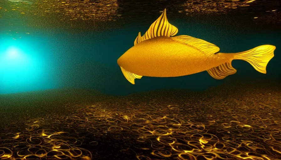 Prompt: a desolate golden glowing fish! swims in magical water with caustics and volumetric lighting, photorealistic painting