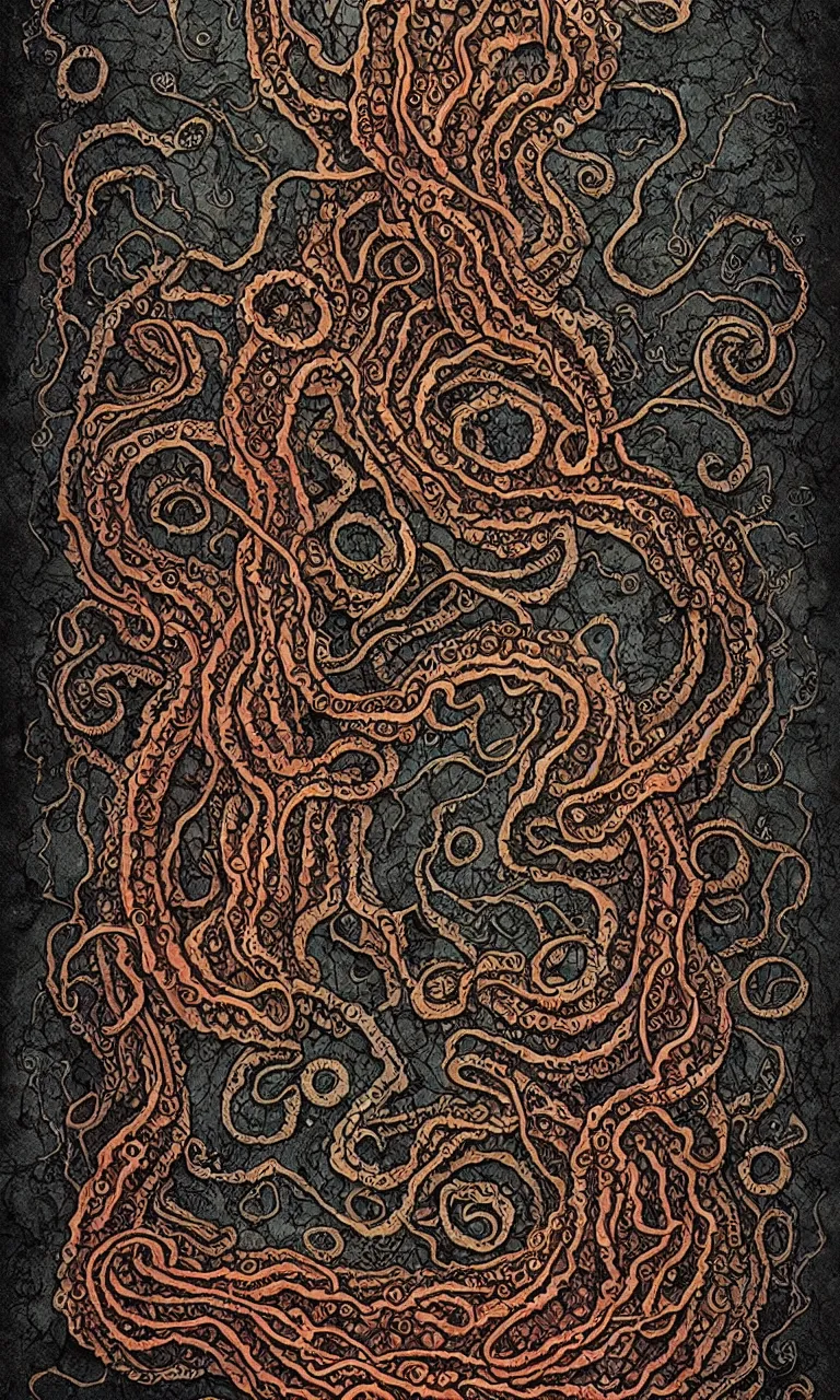 Image similar to a lovecraftian version of the cover of the necronomicon