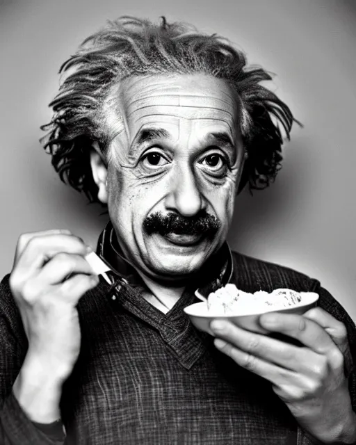 Image similar to A photo of Albert Einstein eating Samosa, highly detailed, trending on artstation, bokeh, 90mm, f/1.4