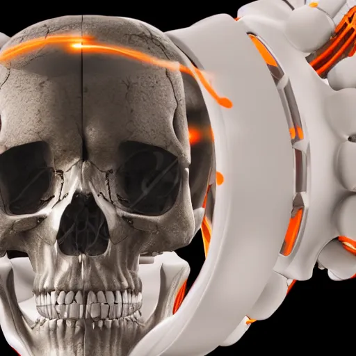 Image similar to real human skull with robotic circular orange light electronic eyes in eye sockets, cyberpunk, futurism