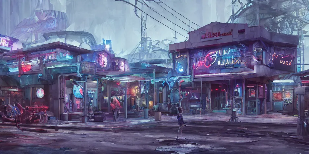 Prompt: stylized, exterior of night club, in watercolor gouache detailed paintings, raytracing, arcane, insanely detail, artstation, 8 k, futuristic, big medium small, simon stalenhag, props, furniture and decor, octane render, cinematic, screenshot, james gurney, ruan jia, comic style, first person shooter