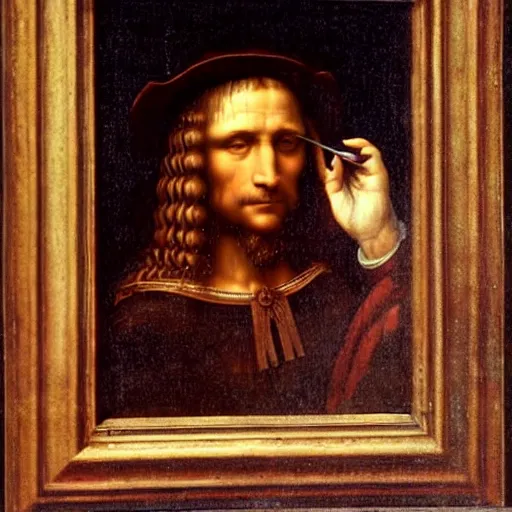 Prompt: Mona Lista painting a portrait of Leonardo Da Vinci