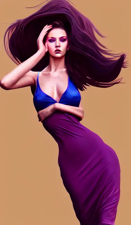 Prompt: impressive digital art of a white and thin very attractive woman with light brown hair with purple tips, blue eyes, wearing a tight red low cut party dress, very attractive, facing camera,, super attractive, impressive, wow, artstation, glamour, fashion, 35mm view, HD, wlop, cinematic, masterpiece,