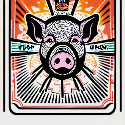 Image similar to good pig king logo Illustrated by Shepard Fairey, H.R. Geiger, YASUHIKO Yoshikazu, and lisa frank, ultra detailed pen sketch, hyper realistic, fine texture, shading, intricate detail, skin detail,