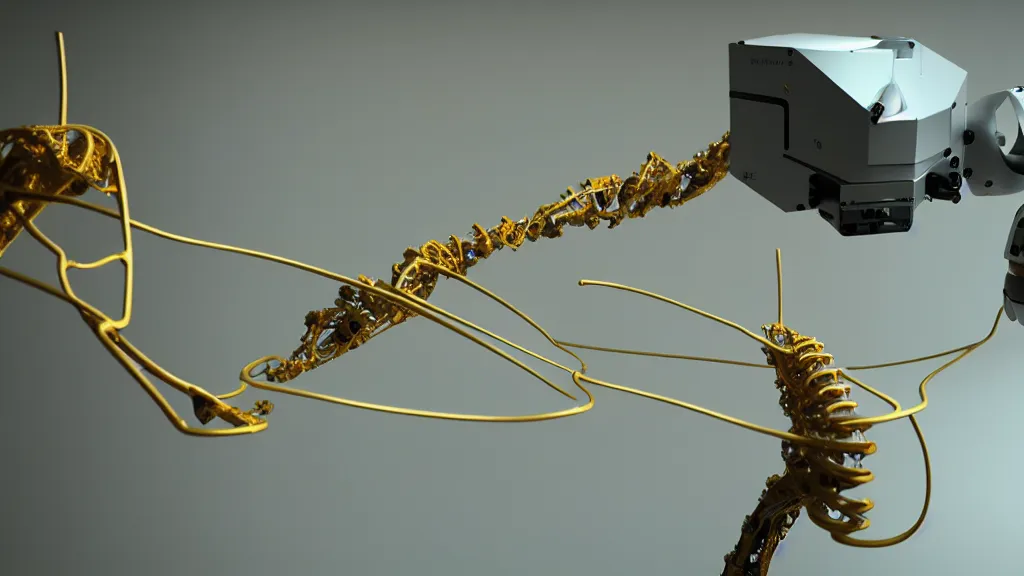 Prompt: a complex bifurcated robotic cnc surgical arm hybrid 3 d printer machine making organic ceramic kintsugi mandlebulb forms in the laboratory room, very thin gold wire, film still from the movie directed by denis villeneuve with art direction by salvador dali, wide lens, f 3 2, cinematic lighting, studio quality, smooth render, unreal engine 5 rendered, octane rendered