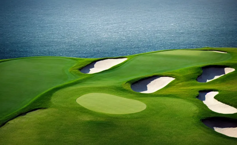 Image similar to a great photograph of the most amazing golf hole in the world, incredible light, cliffs by the sea, perfect green fairway, human perspective, ambient light, 5 0 mm, golf digest, top 1 0 0, fog