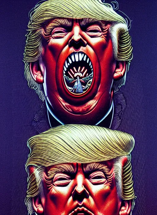 Prompt: donald trump's disgusting true form burstin from within, horror, high details, intricate details, by vincent di fate, artgerm julie bell beeple, 1 9 8 0 s, inking, vintage 8 0 s print, screen print