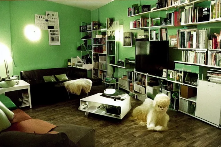 Image similar to apartment organization inspo green and fluffy, in 2 0 5 5, y 2 k cybercore, low - light photography, bathed in the glow of a crt monitor, still from a wes anderson movie