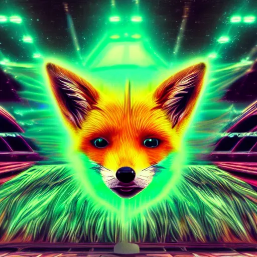 Prompt: digital green as grass fox, retrowave palette, digital world, highly detailed, electric breeze, anatomically correct vulpine, synth feel, fluffy face, ear floof, flowing fur, super realism, accurate animal imagery, 4 k digital art