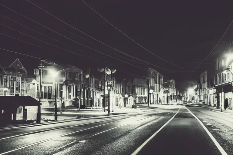 Image similar to looking down road, a mini town, mid night, dark, car lights