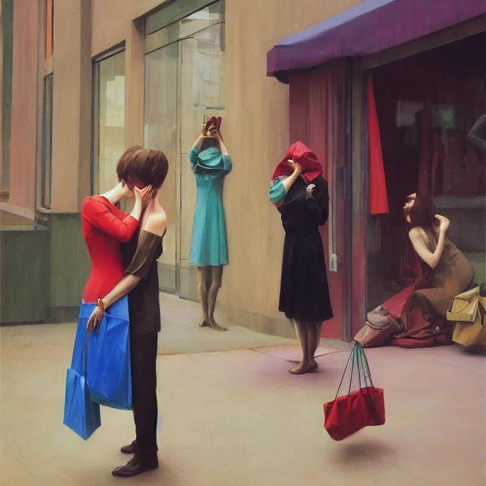 Prompt: colorful women kissing with a paper bag over the head, dressed in plastic bags, inside shopping center, highly detailed, artstation, art by , edward hopper, zdislav beksinski, wayne barlowe