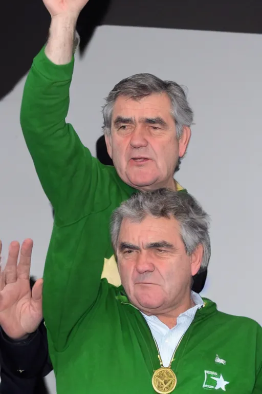 Prompt: gordon brown with black hair, wearing a green tracksuit and gold necklace star shaped medallion, hands raised in the air,