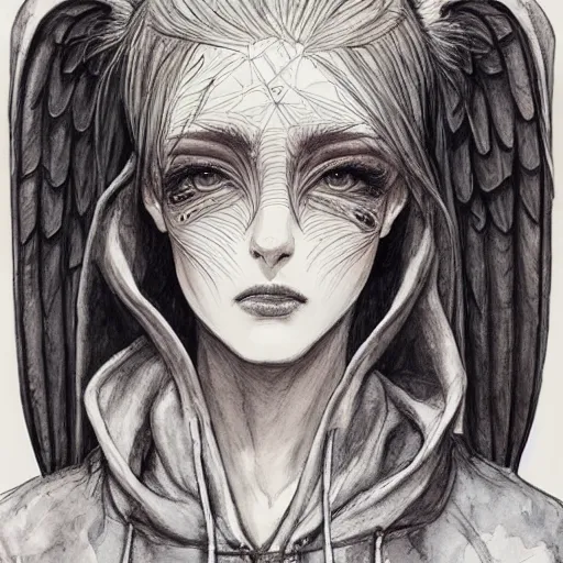 Image similar to portrait of a grungy girl, wearing a hoodie and sweatpants, symmetrical wings made of pizza, basic white background, symmetrical, watercolor, pen and ink, intricate line drawings, by Yoshitaka Amano, Ruan Jia, Kentaro Miura, Artgerm, detailed, trending on artstation, hd, masterpiece,