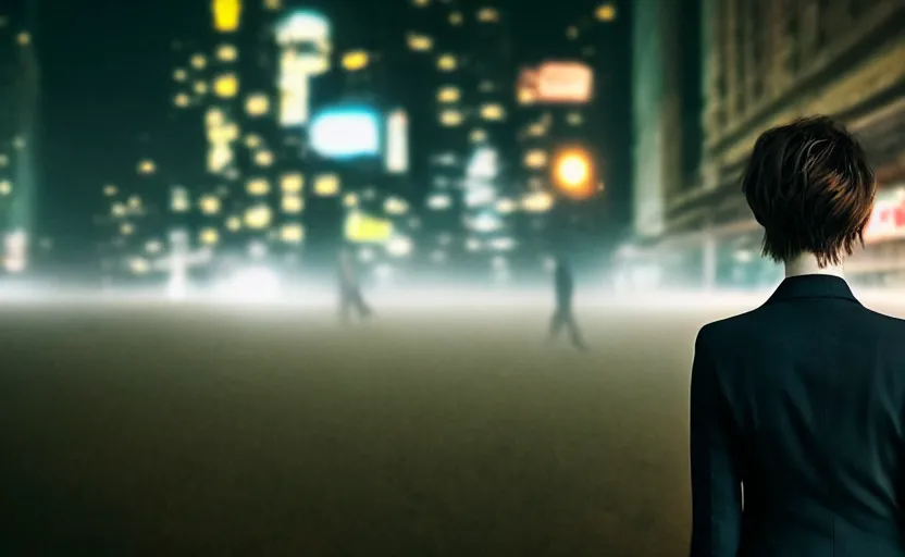 Image similar to a wide shot of a woman with a wool suit, very short hair, blurred face, wearing an omega speedmaster on her wrist in front of a crowded dystopian city full of people walking at night with fog and cyberpunk lights