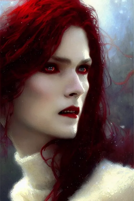 Image similar to beautiful vampire with red eyes and long red hair in a white woolen turtleneck dress portrait dnd, painting by gaston bussiere, craig mullins, greg rutkowski, yoji shinkawa