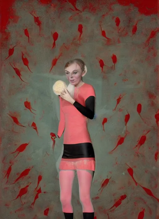 Image similar to portrait of annasophia robb standing on her knees, frozen cold stare, mouth open in shock and bliss, blood red background, transparent gray skirts, stockings, crows swarming trapped in the void as a symbol of death, in style of surrealism of Francis Bacon painting, Ilya Kuvshinov, John Singer Sargant, impasto textures of Chaim Soutine and Frank Auerbach, American Gothic, Japanese Gothic,