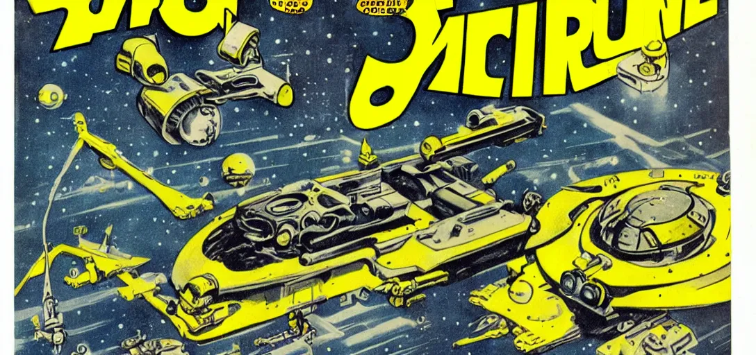 Image similar to small yellow spaceship with robot arms, comic style, pulp magazine, vintage scifi