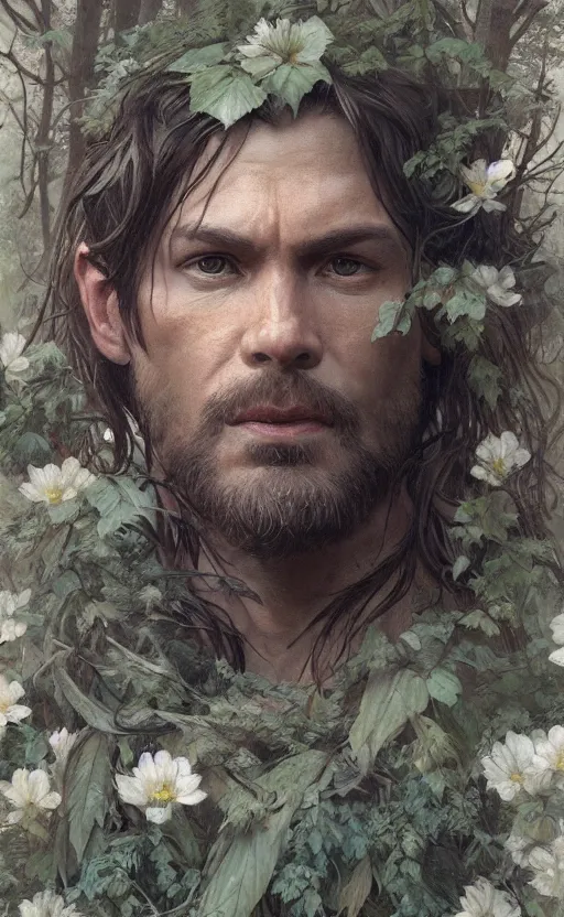 Image similar to god of the forest, 3 0 years old, rugged, handsome, male, detailed face, clean lines, atmospheric lighting, amazing, full body, flowers, muscular, intricate, highly detailed, digital painting, artstation, concept art, sharp focus, illustration, art by greg rutkowski and alphonse mucha