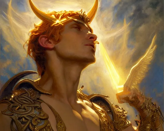 Image similar to attractive pagan male deity, summoning handsome lucifer morning star. highly detailed painting by gaston bussiere, craig mullins, j. c. leyendecker 8 k