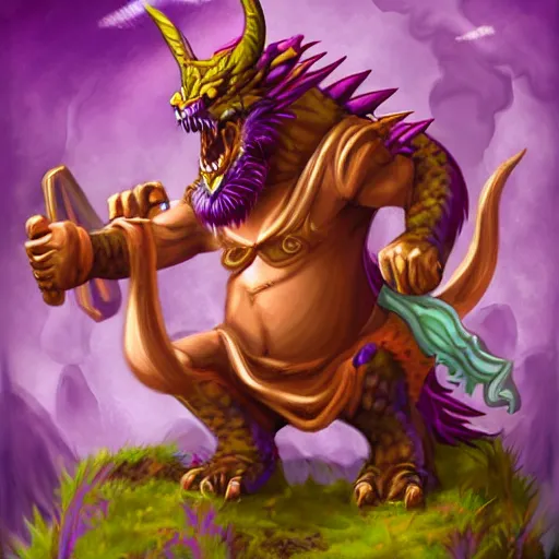 Image similar to purple dragon tames a gnome, happy fantasy illustration