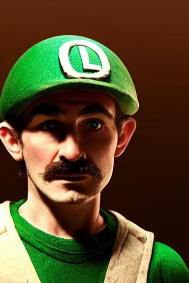 Image similar to very very intricate photorealistic photo of a realistic human version of luigi wearing his hat in an episode of game of thrones, photo is in focus with detailed atmospheric lighting, award - winning details