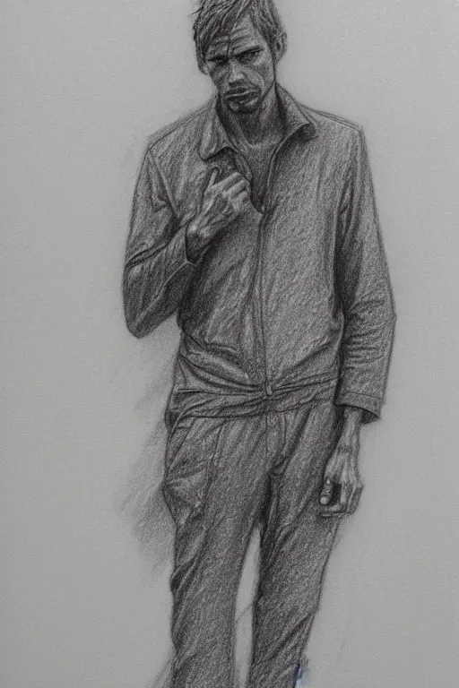 Image similar to a drawn man standing in the rain. pencil sketch.