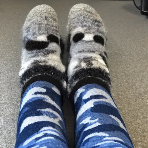 Image similar to My boss is wearing fluffy camo socks