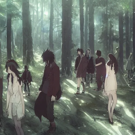 Image similar to group of vampires in the woods, hyperrealistic, trending on pixiv fanbox, painted by greg rutkowski makoto shinkai takashi takeuchi studio ghibli, akihiko yoshida