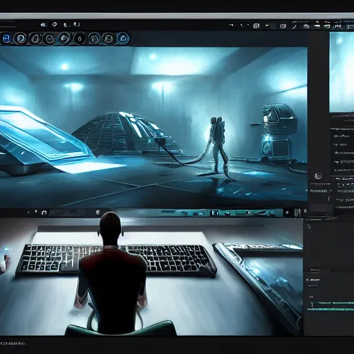 Image similar to realistic man using laptop in gaming room, artstation trends, sci fi concept art, highly detailed, intricate, sharp focus, digital art, 8 k