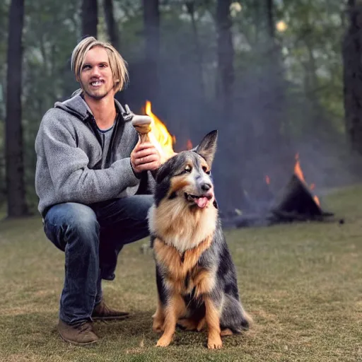 Image similar to photo of hillbilly with long blonde hair and his australian shepherd dog around a bonfire, gray and black dog coat, symmetric face