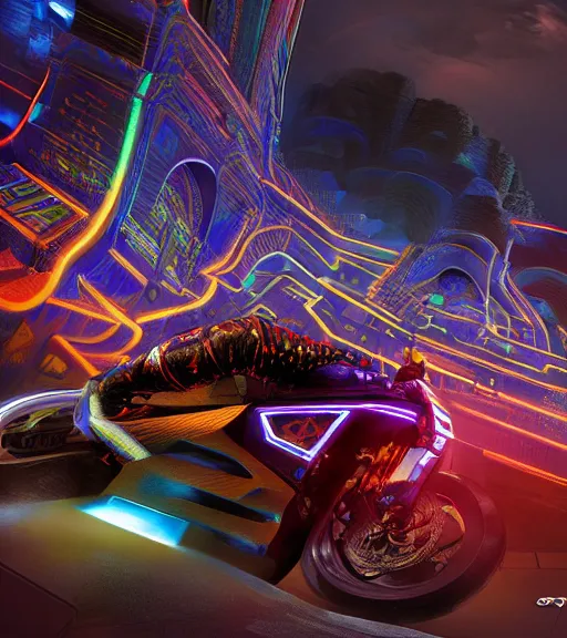 Prompt: extremely psychedelic tron legacy crowded motorcycle race to the ancient and majestic tower of babylon destroyed, hyper realistic, ambient lighting, concept art, intricate, hyper detailed, trakovsky greatest scene, smooth, dynamic volumetric lighting, octane, raytrace, cinematic, high quality, high resolution, 4 k, cgsociety, rutkowski, gurney