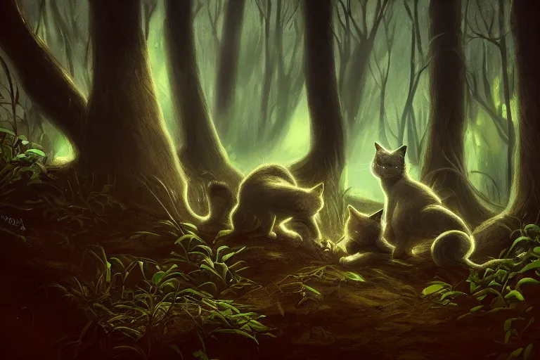 Image similar to cats clawing in the dark forest, dramatic, backlighting, trending on artstation, digital art, trending on furaffinity, by wayne mcloughlin