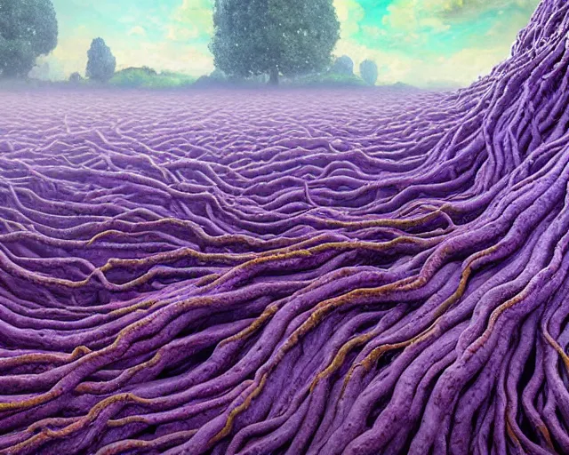 Prompt: A wall of oily, tentacled purple roots that rose up from the earth, forming a dome over a hundred feet in height, and which intersected across the road as if it were a natural formation. wide-angle lens effect, creeper, low-poly, cinematic. 16k render. Impressionist painting style. Matte painting, hyperrealistic, photorealism, detailed. HDR lighting. Widescreen format, HDR. Film grain. Wide screen format, HDR.