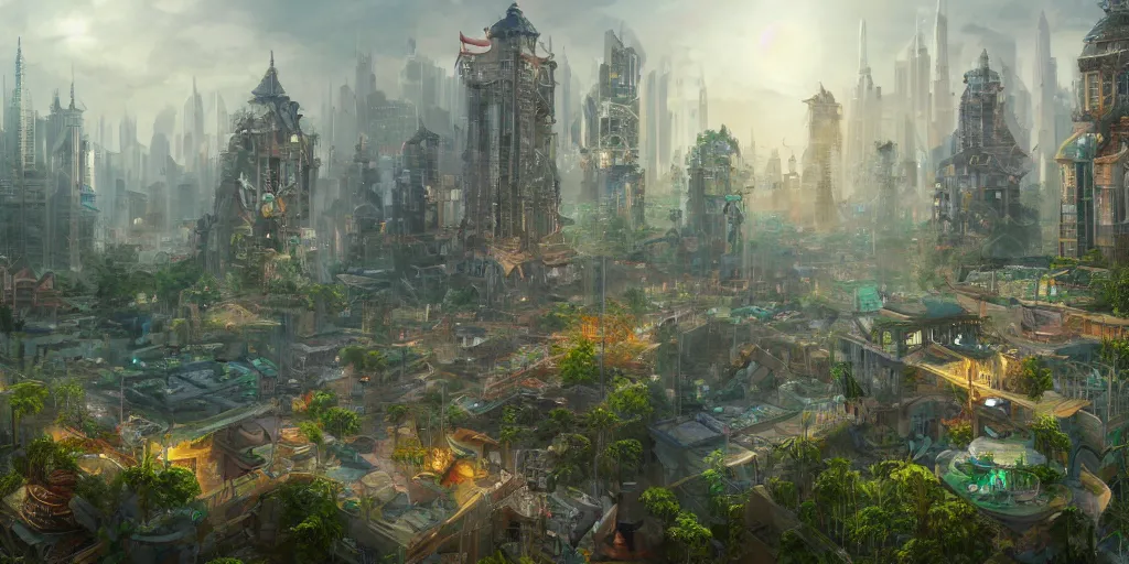 Prompt: a utopian city, filled with fauna, with building floating around everywhere, building cover with plant, dynamic lighting, fantasy concept art, trending on art station, stunning visuals, creative, cinematic, intricately detailed, unreal engine, 4 k