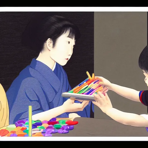 Image similar to very woman feeding crayons to a child, in the style of kawase hasui james jean, artstation trending, 8 k, 3 d render, photorealistic, volumetric lighting caustics, black and white, detailed af