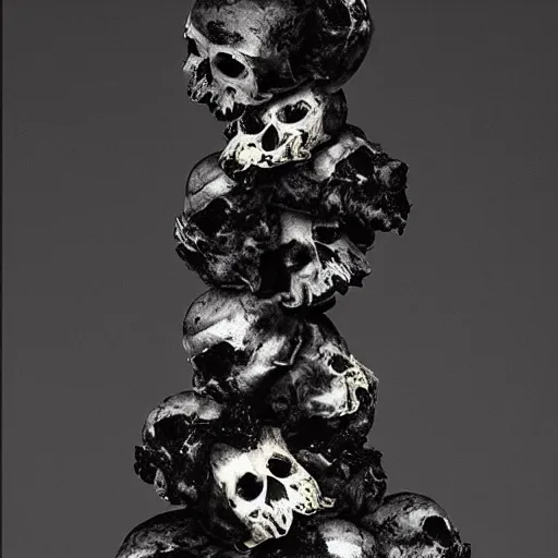 Image similar to vertical pile of 3 skulls vomiting black tar, anna and elena balbusso