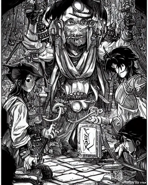 Image similar to A merchant selling treasuries and potions, high detailed store, black and white, fantasy art, goblin art, in the style of masami kurumada, illustration, epic, fantasy, intricate, hyper detailed, artstation, concept art, smooth, sharp focus, ray tracing