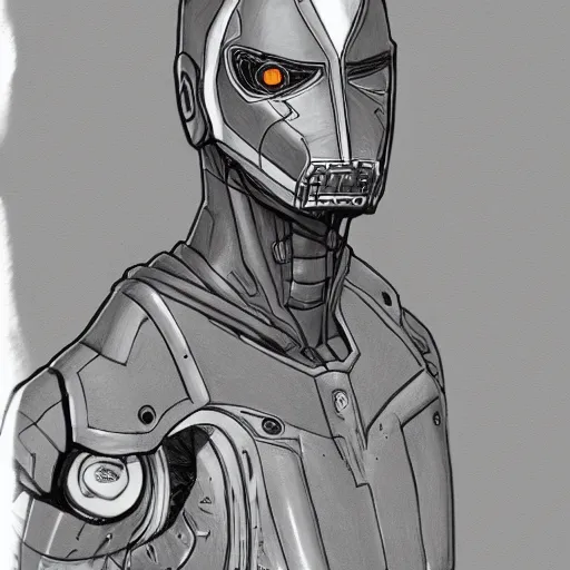 Image similar to cyborg man with a hood bag, slim and tall, sketch lineart for character design