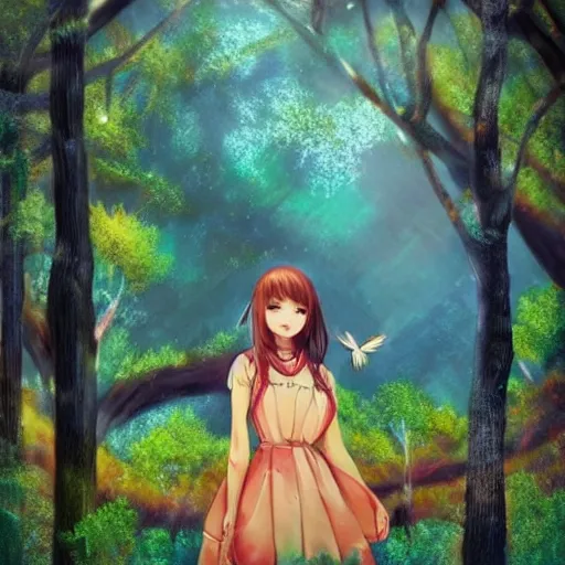 Prompt: Art Anime Girl At A Beautiful Forest With Birds