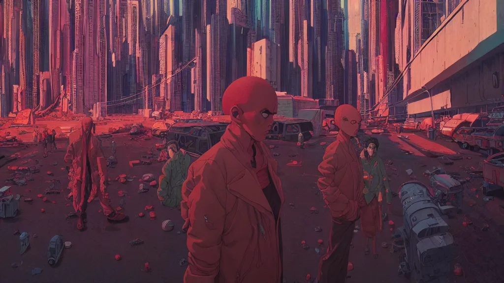 Prompt: vibrant aesthetic highly detailed photography of characters in akira scene, characters with hyperrealistic highly detailed faces. from akira by alejandro hodorovski and denis villeneuve and gregory crewdson style with many details by mike winkelmann and vincent di fate in sci - fi style. volumetric natural light hyperrealism photo on dsmc 3 system