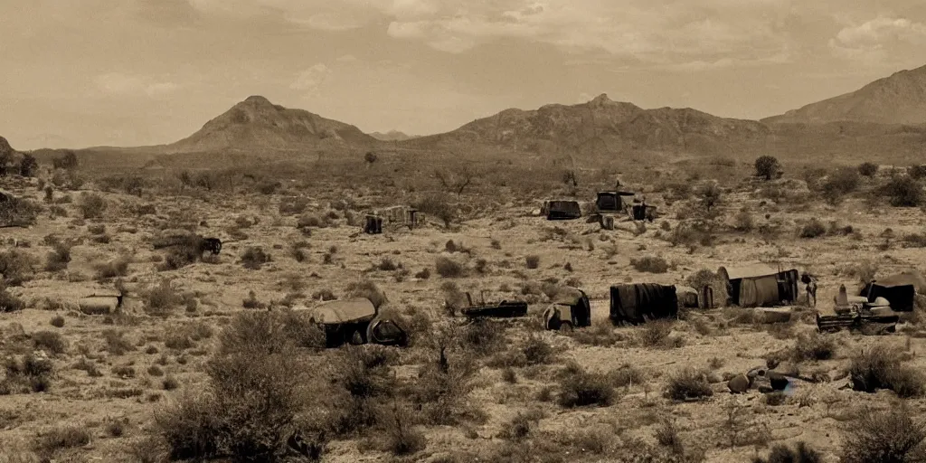 Prompt: a wild west scenery, camps in the background