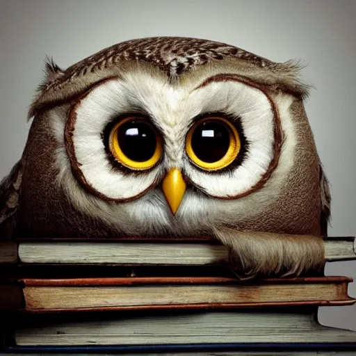 Image similar to long shot of a very cute plush owl sitting on a pile of antique books, big eyes half closed, by naoto hatori, by yoshita amano, by esao andrews, humorous illustration, hyperrealistic, big depth of field, fresh colors, dim light, 3 d octane render conceptart, 4 k, highly detailed, trending on artstation