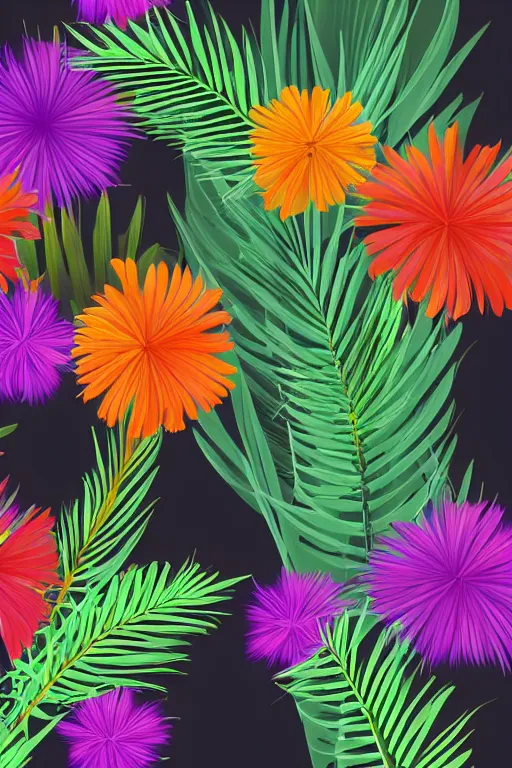 Image similar to sombre detailed vector illustration of photorealistic tropical flowers and green reeds, multiple cohesive colors ranging from warms purples to bright oranges on a ((very dark black background)), 4K resolution, trending on artstation, hd wallpaper