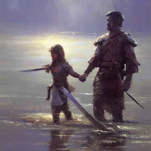 Image similar to a beautiful painting of a hand holding a sword, appearing out of water by james gurney and craig mullins