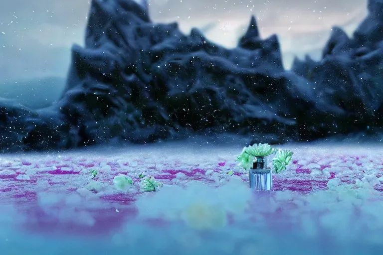 Image similar to perfume bottle buried flowers at a blurred background ice hotspring by peter tarka in the middle of the actic with little white frosted flowers, soft lilac skies, silky smooth, dramatic, mid day, blurry snow mountain background, large scale, wind - swept, lots of detail, realistic lighting, octane render, by wlop, artgerm, trending on artstation