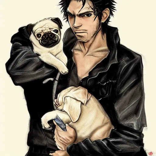 Prompt: self portrait, young white hispanic handsome man with short light brown hair and light skin and a 5 o clock shadow, holding a pug for a picture, fighting against 2 swordsmen pencil art, added detail, high definiton, colored, backfacing, illustrated by yoji shinkawa