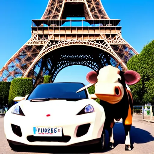 Image similar to cow driving a sports car around the eiffel tower with champagne in its hand