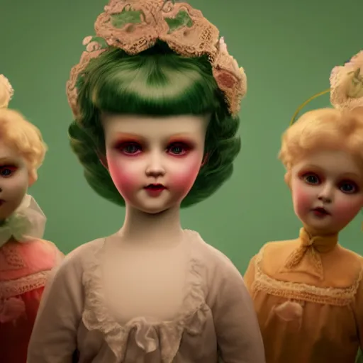 Prompt: a 3d rendered animated movie poster about eerily beautiful old porcelain dolls, rendered in renderman, color grade green red, dramatic lighting, fine details, by Carlos Ortega Elizalde